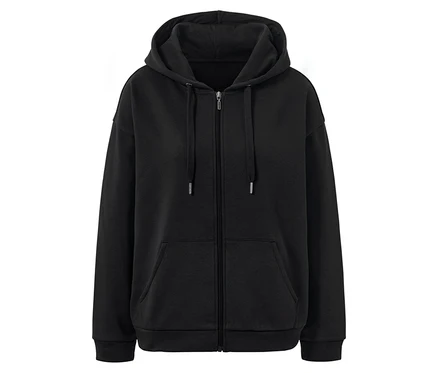 Ortasında fermuarı olan siyah kapüşonlu sweatshirt.