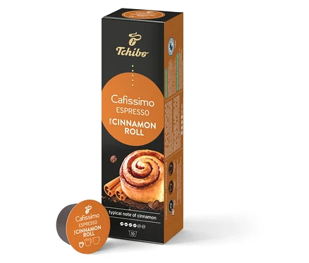 Bir paket Cafissimo Flavoured Espresso Cinamon Roll - 10 Kapseln ve yanında tek bir kapsül.