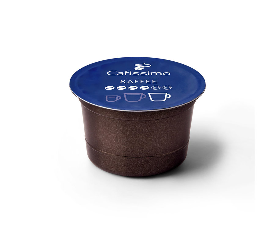 Koyu kahverengi gövdeli ve lacivert kapaklı bir Cafissimo Kahve Intense Aroma kapsülü, üzerinde logo ve yoğunluk sembolleri bulunuyor.
