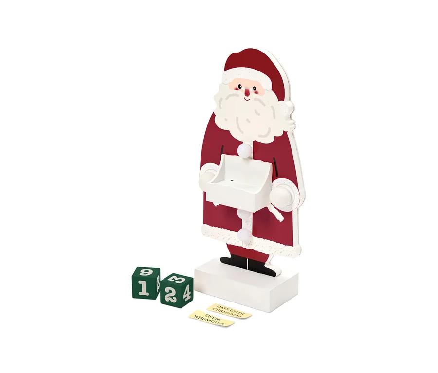 Noel Baba advent takvimi, numaralı zarlar ve "Noel'e Kadar Gün" yazısıyla birlikte.