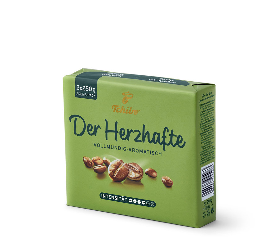 Bir paket Der Herzhafte - 500 g öğütülmüş kahve.