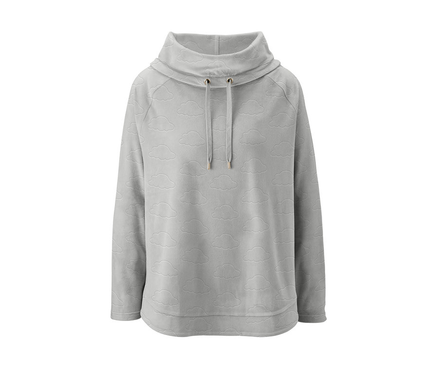 Kapüşonlu ve kabartmalı bulut desenli gri polar sweatshirt.