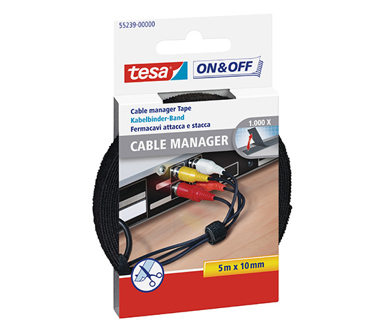 tesa® On & Off Cırt Bant Kablo Toplayıcı,5m:10mm, siyah