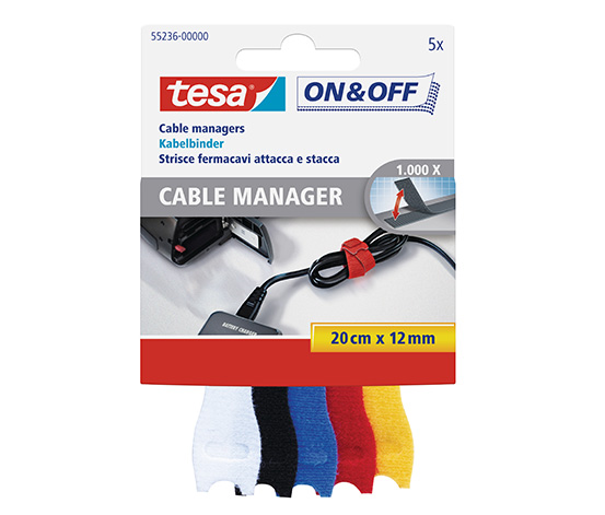 tesa® On & Off Cırt Bant Kablo Toplayıcı,12mm:20cm, 5 farklı renk, beyaz;siyah;mavi;kırmızı;sarı