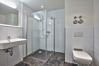 Klasik bir şıklık: Camdan bir köşe duşu olan banyo.